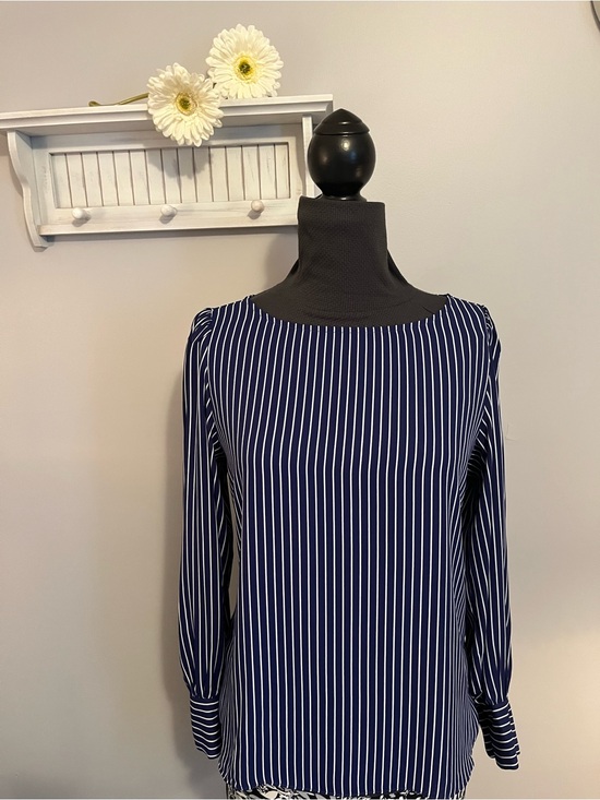 Ann Taylor Tops - Ann Taylor Navy and White Vertical Stripe Long-Sleeve Blouse EUC